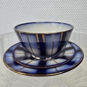 Antique Gaudy Welsh Flow Blue Wagon Wheel Tea Cup Saucer set